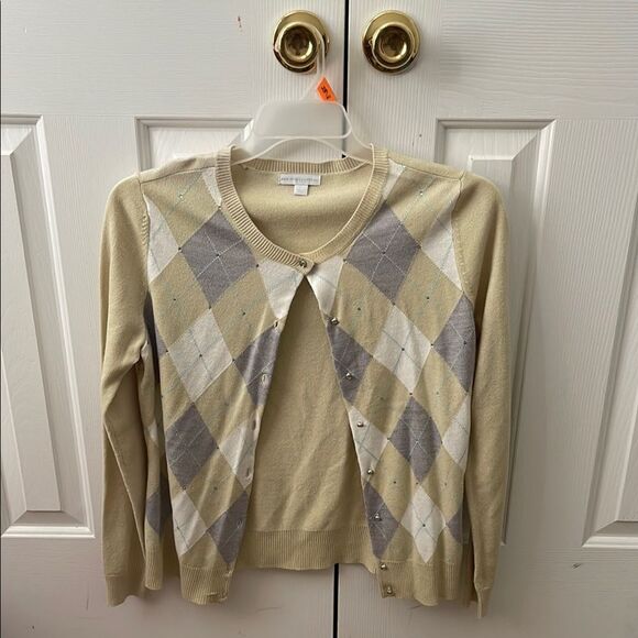 New York & Company Sweaters - Women's Argyle Cardigan Sweater - Cream and Gray